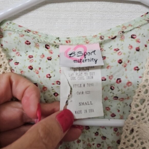 Womens Sz Small B Sport Maternity 100% Cotton Floral Blouse Light Green Boho - Picture 4 of 7